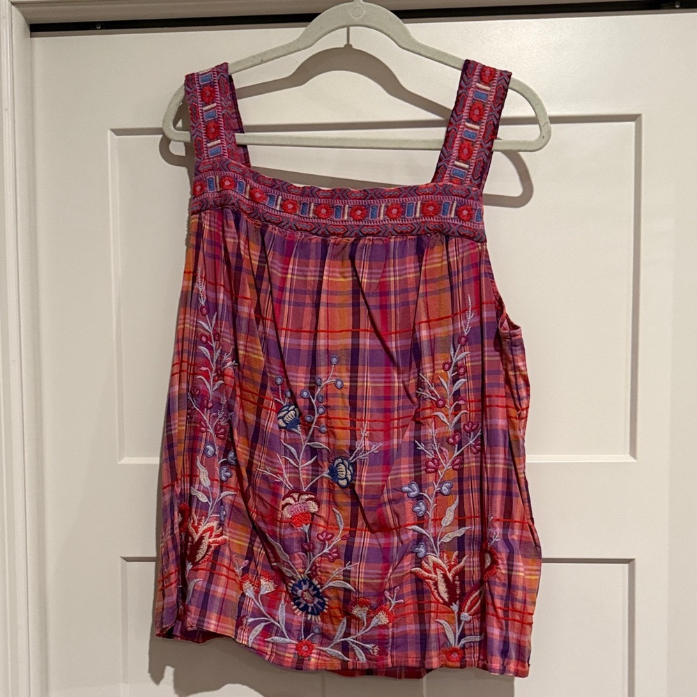 Johnny Was Colorful Plaid and Geometric Top